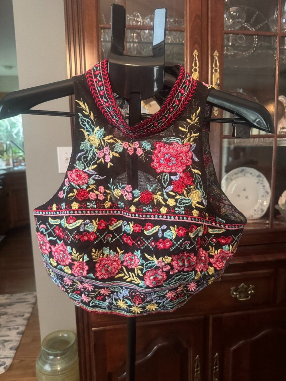 Midnight Doll Embroidered Mesh Halter Crop Top Open Back Festival Size M/L✨
